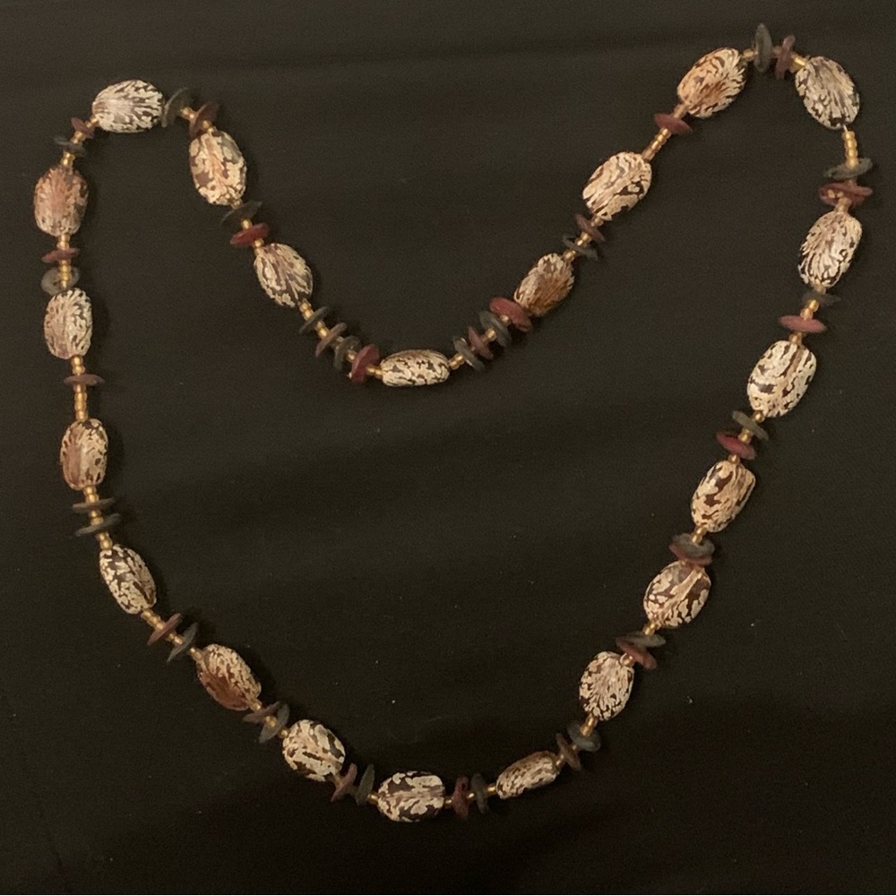 Natural Large Wooden Bead Necklace in Brown and Cream - Women's Jewelry
